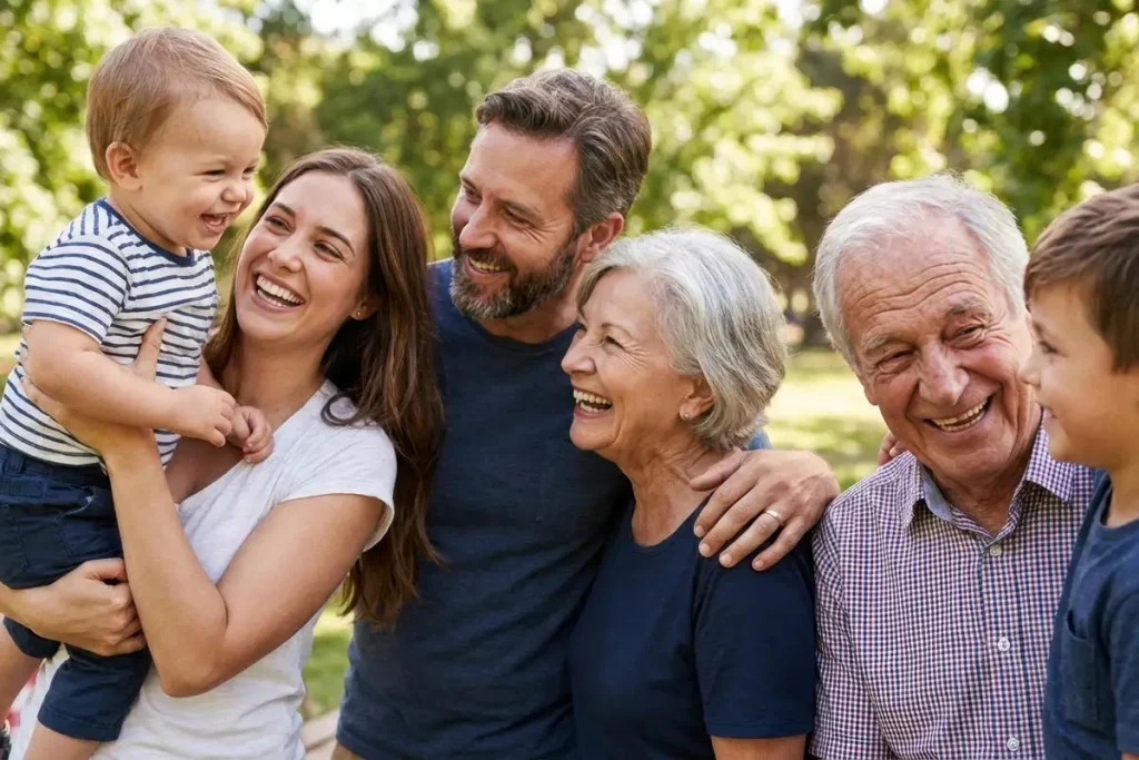Mehrgenerationenfamilie im Park – Großeltern, Eltern und Kinder lachen gemeinsam im Freien