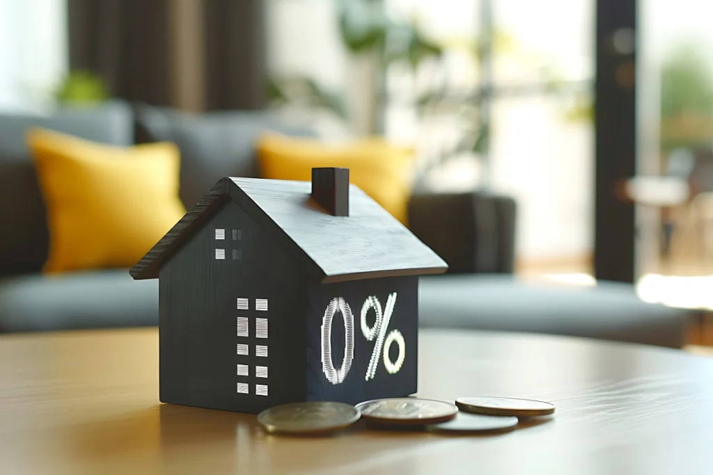 Modellhaus mit 0%-Gravur und Münzen als Symbol für eine zinslose Ratenzahlung beim Immobilienverkauf.